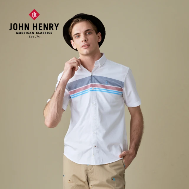 【JOHN HENRY】條紋鈕扣繡線配色短襯