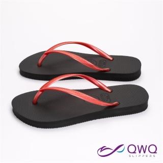 【QWQ】女生素面防水防滑夾腳拖鞋-Slim跳色系列-黑紅鞋帶-時尚休閒涼拖鞋 MIT(AAAA1)