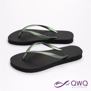 【QWQ】女生素面防水防滑夾腳拖鞋-Slim跳色系列-黑綠鞋帶-時尚休閒涼拖鞋 MIT(AAAA1)