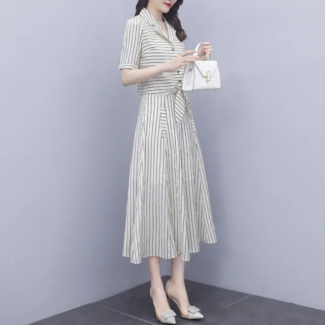 【SZ】現貨-玩美衣櫃知性時尚西裝領拚色條紋衣裙二件套S-2XL