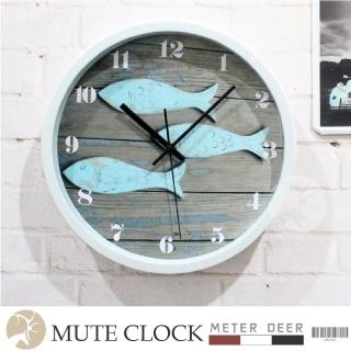 【METER DEER 米鹿】30公分地中海洋風 復古仿舊木紋甲板小魚群數字掛鐘(時鐘 掛鐘 靜音 牆面擺飾 掛飾)