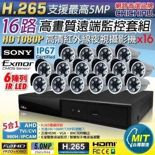 【CHICHIAU】H.265 16路4聲 5MP 臺灣製造數位高畫質遠端監控套組(含高畫質1080P SONY 200萬攝影機x16)