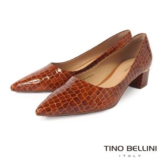 【TINO BELLINI 貝里尼】巴西進口質感時髦鱷魚紋牛皮尖頭粗跟鞋FWCT0025(咖啡)