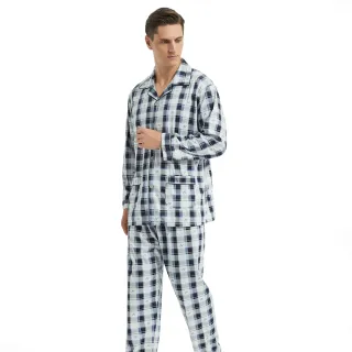 【蕾妮塔塔】歐風藍白格紋 男性開襟長袖兩件式睡衣(R08230-10藍)