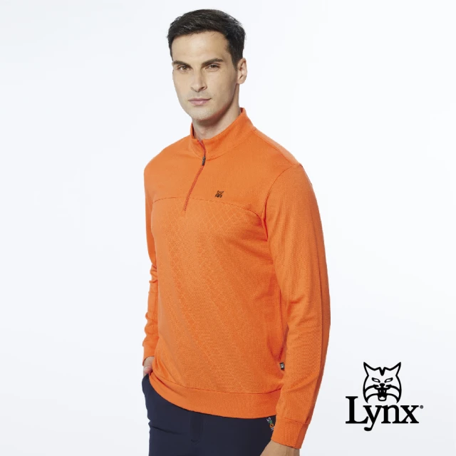 【Lynx Golf】男款網眼材質內刷毛菱格壓紋樣右臂Lynx字樣造型長袖立領POLO衫/高爾夫球衫(橘色)