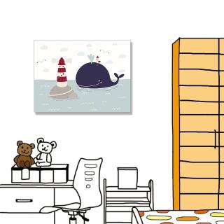 【24mama 掛畫】單聯式 油畫布 動物 鯨魚 海鷗 燈塔 雲 納維亞風格 兒童 北歐 無框畫-40x30cm(可愛的海景)