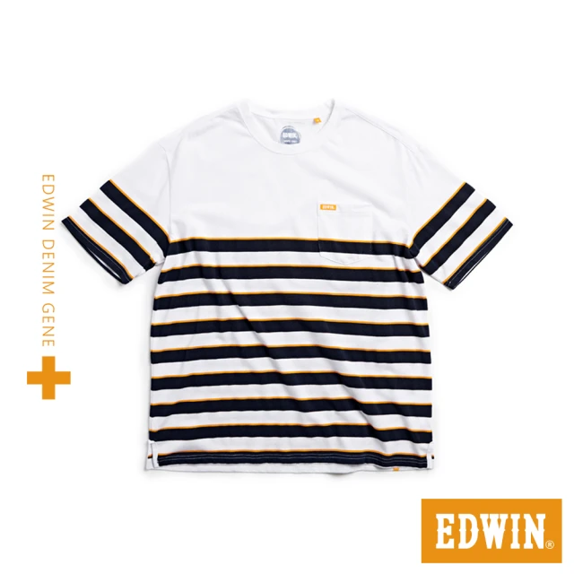 EDWIN 男裝 PLUS+ 寬版條紋口袋短袖T恤(白色)