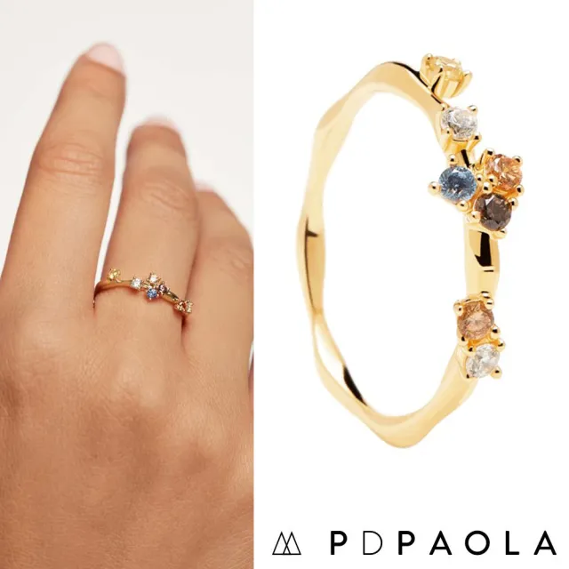 【PD PAOLA】西班牙時尚潮牌 五色彩寶 簡約優雅戒指 金色 FIVE(925純銀鑲18K金)