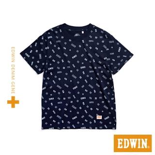 【EDWIN】男裝 PLUS+ 滿版LOGO印花短袖T恤(丈青色)