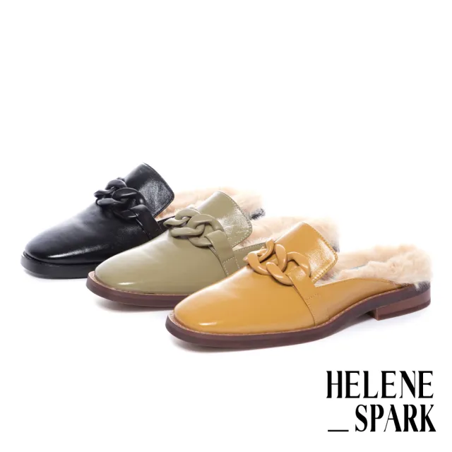 【HELENE SPARK】復古時髦粗鏈毛毛方頭低跟穆勒拖鞋(綠)