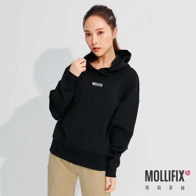 【Mollifix 瑪莉菲絲】潮流感不規則帽T長袖上衣、瑜珈上衣、瑜珈服(黑)