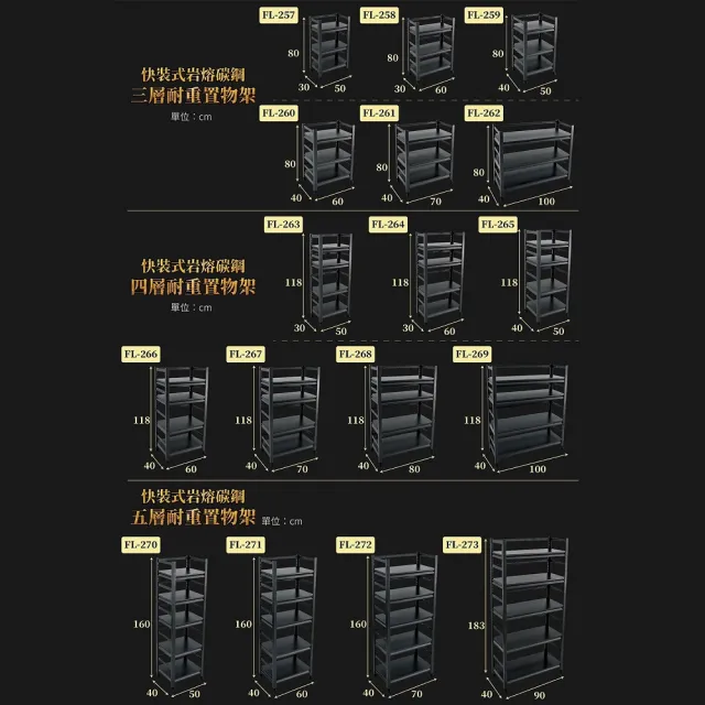 【FL 生活+】快裝式岩熔碳鋼四層可調免螺絲附輪耐重置物架 層架 收納架-40x50x118cm(FL-265)