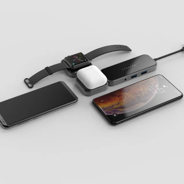 【Feeltek】玻璃 8合1 無線充電組合式USB-C Hub多功能隨身集線器(影音充電 擴充無線)