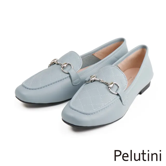 【Pelutini】馬銜扣菱格紋淑女樂福鞋 淺藍色(8757W-LBU)