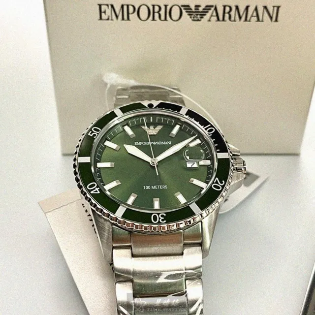 【EMPORIO ARMANI】ARMANI阿曼尼男錶型號AR00011(墨綠色錶面銀綠色錶殼銀色精鋼錶帶款)