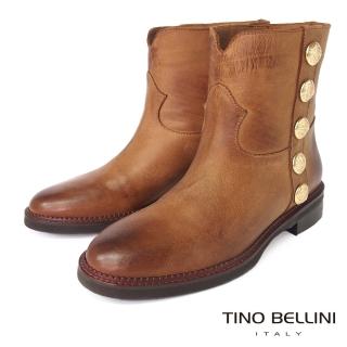 【TINO BELLINI 貝里尼】義大利進口牛皮金屬釦飾微V型靴口中筒短靴FWNT0018(棕)