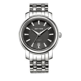 【RHYTHM 麗聲】雅仕品味日期顯示窗格自動機械腕錶(黑/不鏽鋼錶帶)