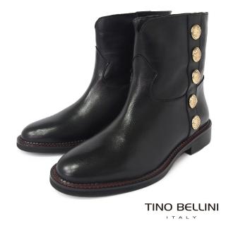 【TINO BELLINI 貝里尼】義大利進口牛皮金屬釦飾微V型靴口中筒短靴FWNT0018(黑)