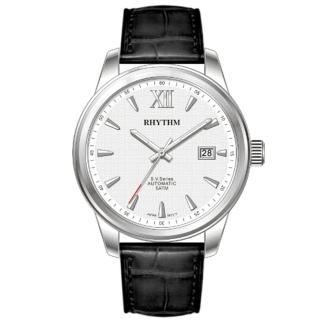 【RHYTHM 麗聲】城市低調時尚日期顯示窗格自動機械腕錶(銀/真皮錶帶)