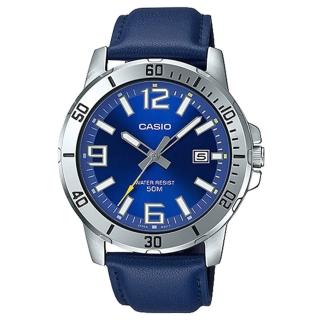 【CASIO 卡西歐】指標錶 皮革錶帶 礦物玻璃 防水50米 日期顯示(MTP-VD01L-2B)
