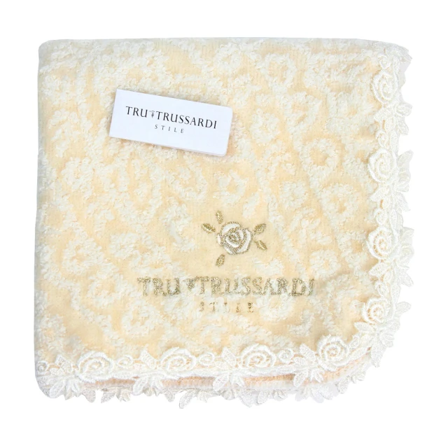 TRUSSARDI 立體花樣底紋+蕾絲玫瑰花樣飾邊純棉方巾(米黃色)