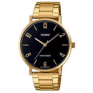 【CASIO 卡西歐】指標錶 不鏽鋼錶帶 黑色錶面 日常生活防水(MTP-VT01G-1B2)