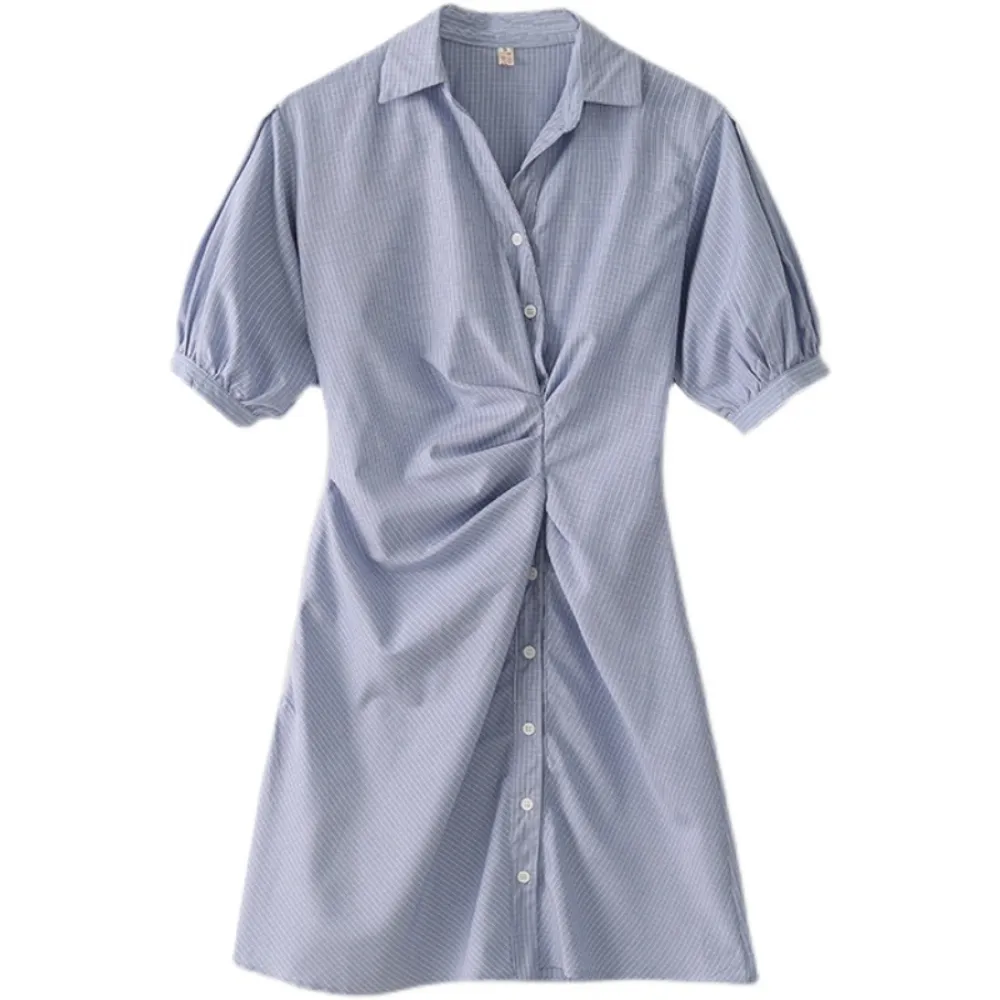 【沐朵】現貨-玩美衣櫃時尚氣質翻領藍色格紋褶皺腰修身洋裝S-XL