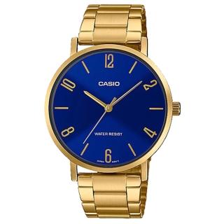 【CASIO 卡西歐】指標錶 不鏽鋼錶帶 藍色錶面 日常生活防水(MTP-VT01G-2B2)