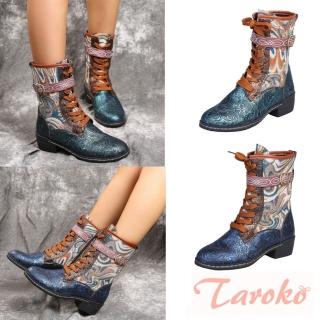 【Taroko】復古藝術民族風繡花綁帶中筒短靴(2色可選)