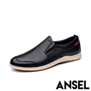 【ANSEL】真皮樂福鞋 牛皮樂福鞋/真皮頭層牛皮復古縫線舒適休閒樂福鞋-男鞋(黑)