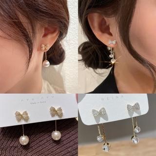 【Emi 艾迷】韓系微奢細緻蝴蝶結珍珠鋯石垂墜925銀針耳環