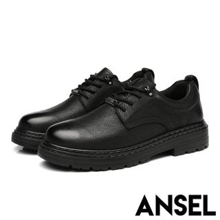 【ANSEL】真皮休閒鞋 厚底休閒鞋/真皮頭層牛皮手工縫線經典工裝繫帶厚底休閒鞋-男鞋(黑)