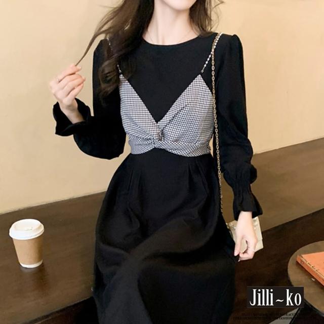 【JILLI-KO】假兩件珍珠小馬甲拼接連衣裙-M/L(黑)