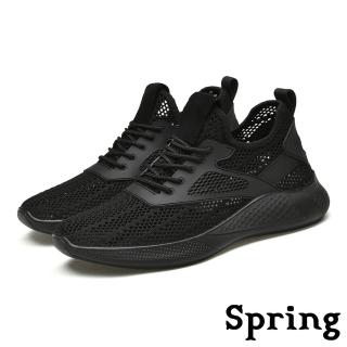 【SPRING】厚底休閒鞋 休閒鞋/潮流透氣飛織織帶拼接時尚休閒運動鞋-男鞋(黑)