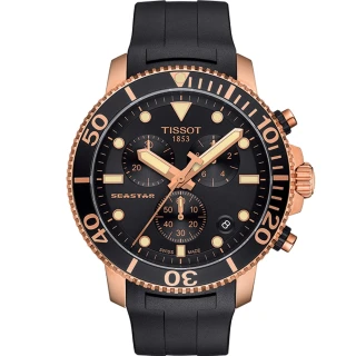 【TISSOT 天梭】水鬼 Seastar 1000 海洋之星300米三眼計時手錶-黑x玫塊金框 送行動電源(T1204173705100)