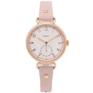 【FOSSIL】優雅小秒針盤款式皮革錶帶手錶-銀白面X粉色/34mm(ES4882)