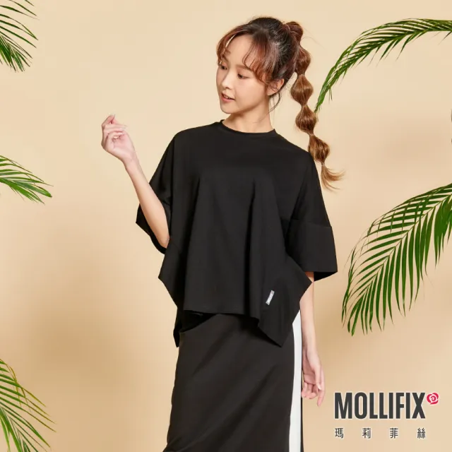 【Mollifix 瑪莉菲絲】寬版不規則下擺短袖上衣、瑜珈上衣、瑜珈服(黑)