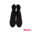 【A.S.O 阿瘦集團】BESO 閃色布料鞋口彈性粗跟短筒靴(黑)