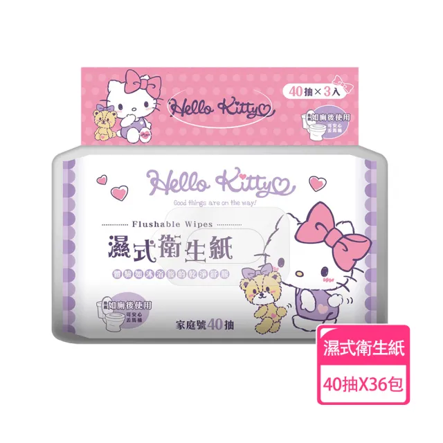 【SANRIO 三麗鷗】Hello Kitty 凱蒂貓 濕式衛生紙 40 抽 X  36 包 家庭號組合包 可安心丟馬桶(箱購)