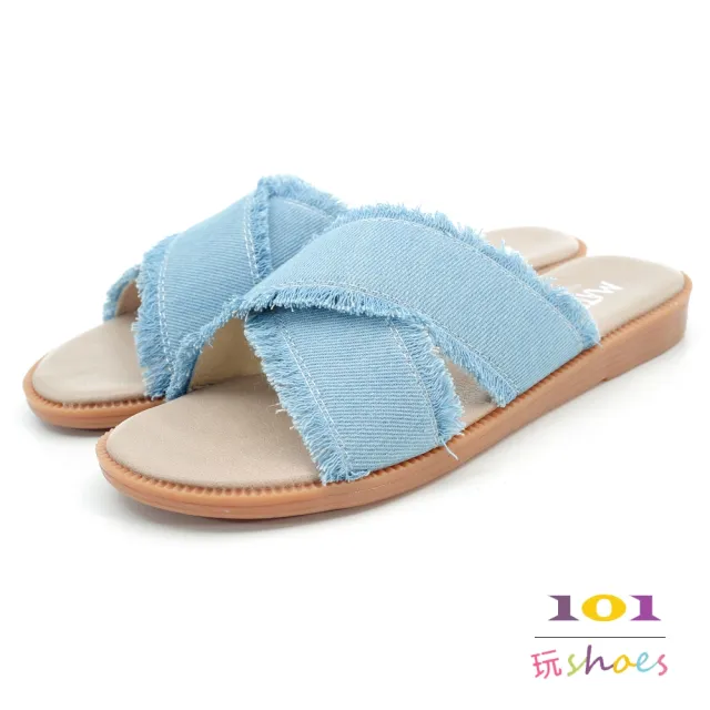 【101 玩Shoes】mit. 大尺碼丹寧交叉波希米亞平底拖鞋(米色/藍色.41-44碼)