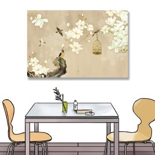 【24mama 掛畫】單聯式 油畫布 動物 藝術繪畫 開花 花卉 鳥籠 樹枝 靜思語 無框畫-60x40cm(玉蘭花與鳥)