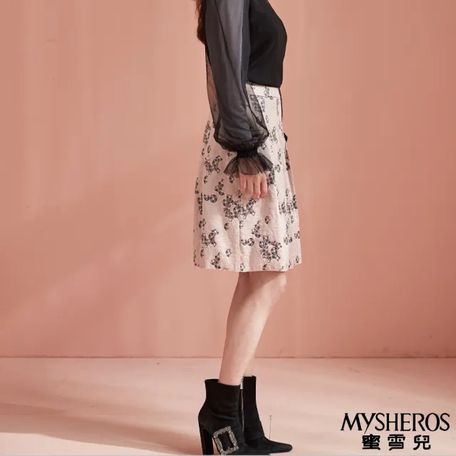 【MYSHEROS 蜜雪兒】七分裙 後拉鍊 上部百褶 圓幣印花(淺粉)
