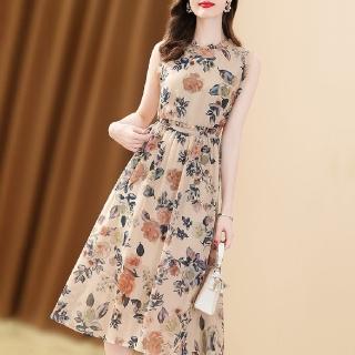 【FQ 時尚天后】幾何乾燥玫瑰印花沙色雪紡洋裝(S-2XL)