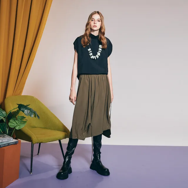 【ICHE 衣哲】Cop.Copine 法國原裝進口抽繩造型長裙-軍綠