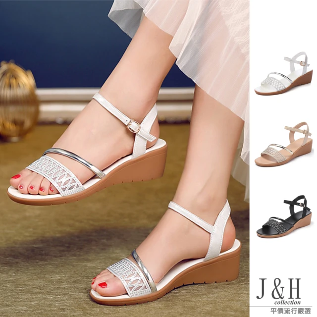 J&H collection 水鑽串珠彈性鬆緊帶便捷舒適涼鞋