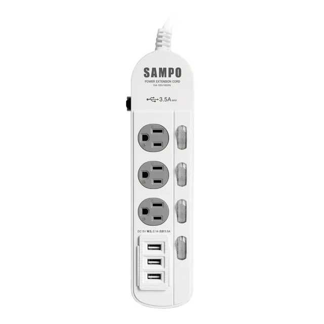 【SAMPO 聲寶】防雷擊四開三插保護蓋USB延長線6尺- EL-W43R6U3