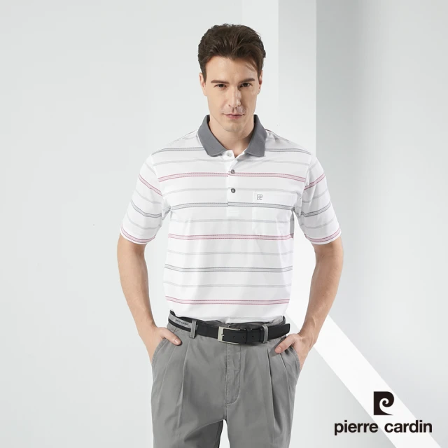 pierre cardin 皮爾卡登 商務休閒 男款 吸濕排汗橫條短袖polo衫-灰色(5217295-95)