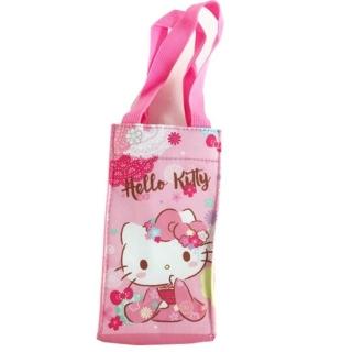 【小禮堂】HELLO KITTY 方形尼龍保冷水壺袋 保冷杯袋 環保杯袋 飲料杯袋 《粉 和服》 凱蒂貓
