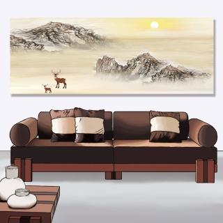 【24mama 掛畫】單聯式 油畫布 風景 山 霧 太陽 動物 景觀 靜思語 無框畫-80x30cm(日出山鹿)