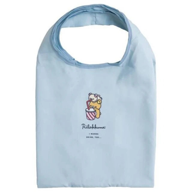 【小禮堂】懶懶熊 折疊尼龍環保購物袋 折疊環保袋 側背袋 手提袋 《藍 飲料》